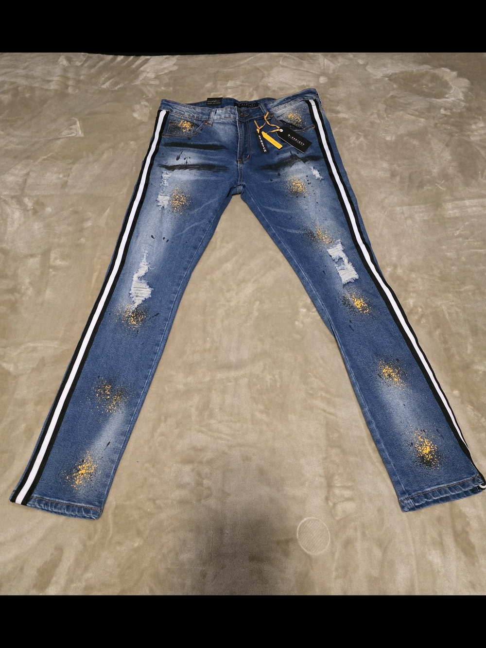 M.SOCIETY Streetwear Distressed Skinny Jeans Side Stripe Paint Splatter NWT 36x3